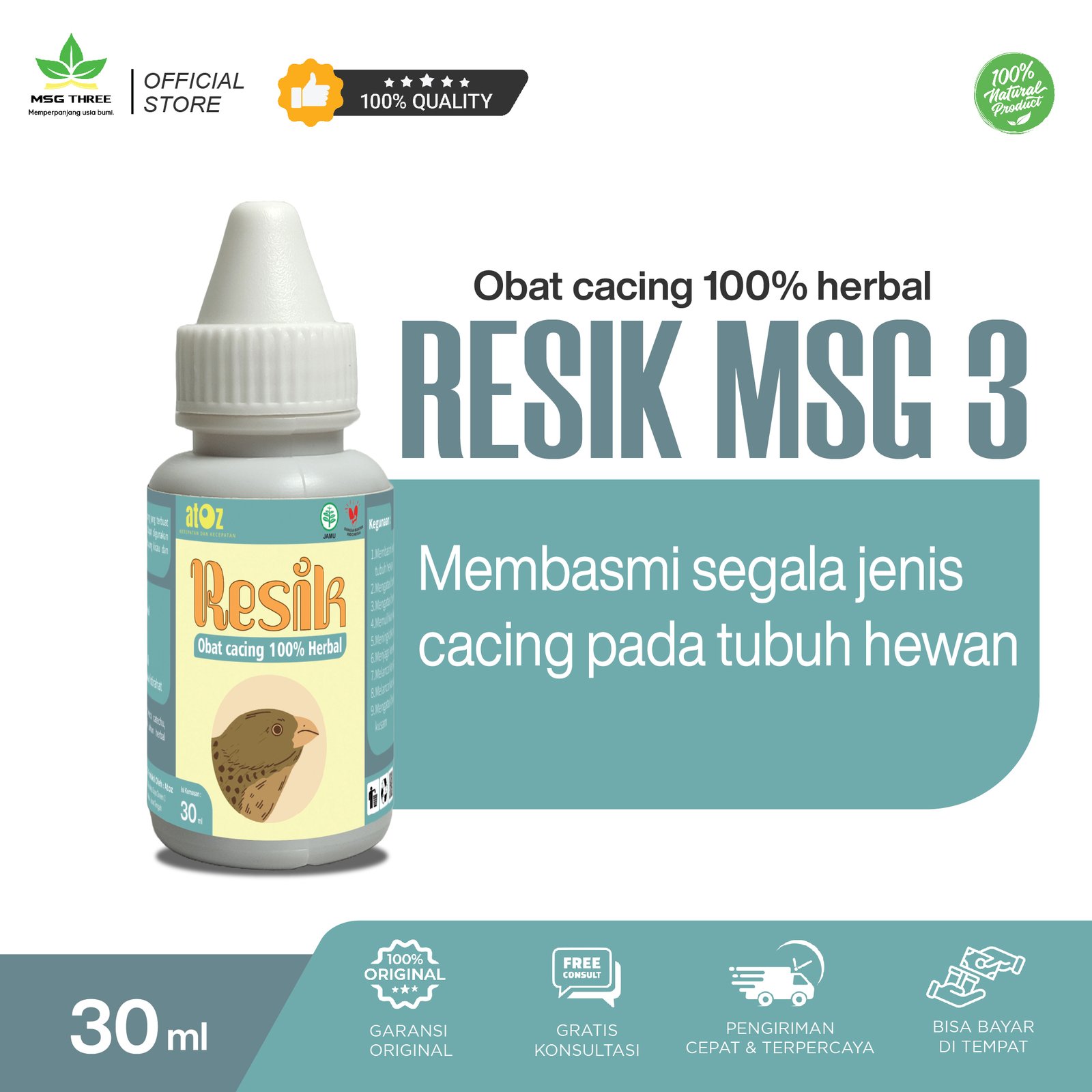 RESIK Obat Cacing 100% Herbal MSG 3 Khusus untuk burung (30ml)